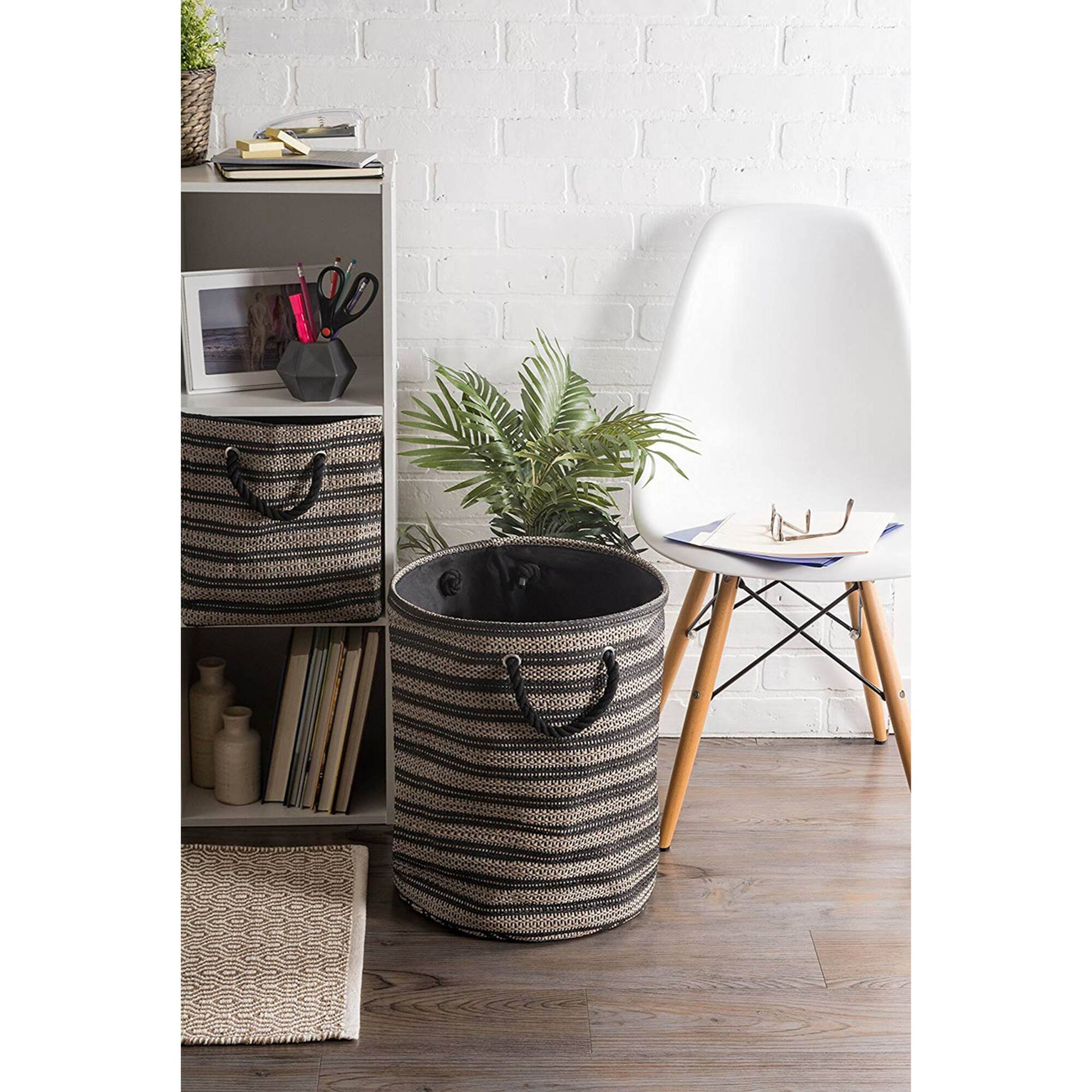 DII® Large Black & Stone Striped Weave Round Paper Storage Basket